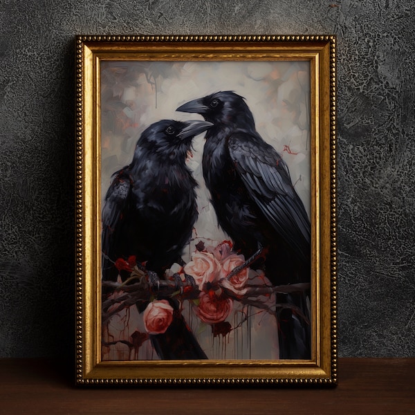 Gothic Romantic Raven Couple, Vintage Poster, Art Poster Print, Home Decor, Victorian Crow, Black Rose, Flowers, Cottagecore