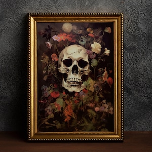 Gothic Blumen Schädel, Vintage Poster, Kunst Poster Druck, Wohnkultur, viktorianische Malerei, Cottagecore, Blumen, Skelett.