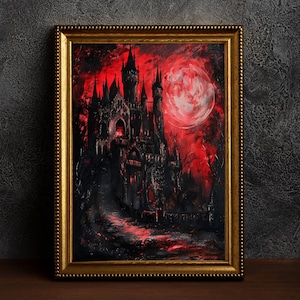 Gothic Vampire Castle durch den Blutmond, Vintage Poster, Kunst Poster Druck, Dark Academia Malerei, Gothic Home Decor Geschenk.