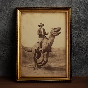 Dinosaur Cowboy, Vintage photography, Art Poster Print, Dark Academia, Gothic Occult Poster, Gothic Home Decor, Western Jurassic image 1