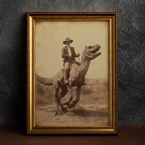 Dinosaur Cowboy, Vintage photography, Art Poster Print, Dark Academia, Gothic Occult Poster, Gothic Home Decor, Western Jurassic image 1