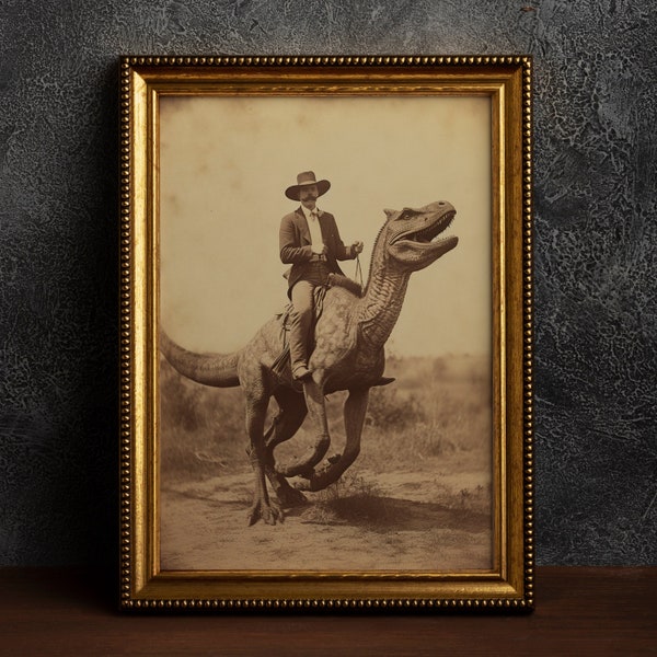 Vaquero de dinosaurio, fotografía vintage, impresión de carteles de arte, academia oscura, cartel oculto gótico, decoración gótica del hogar, Jurásico occidental