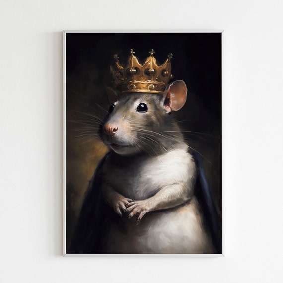 Medieval painting, realistic grey rat wearing a crown