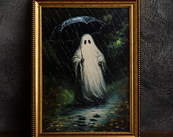 Ghost in the Rain, Cottagecore Poster, Art Poster Print, Dark Academia, Gothic Spooky, Halloween Art.