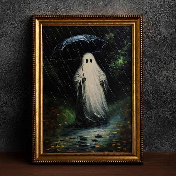Ghost in the Rain Art Print: Spooky Cottagecore Halloween Poster