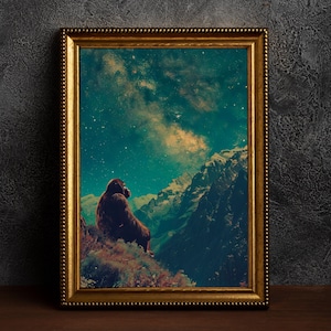 Bigfoot et les étoiles, impression d'art, affiche vintage, impression Sasquatch, Dark Academia, impression de l'espace, décoration d'intérieur gothique, cryptozoologie.