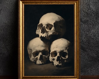 Gothic Skulls Art Print: Dark Academia Still Life Painting