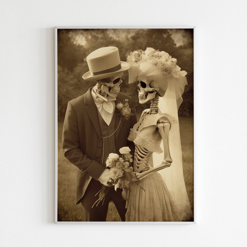 Romantic Skeleton Couple, Vintage photography, Art Poster Print, Dark Academia, Gothic Occult Poster, Witchcraft, Gothic Home Decor, Wedding image 2