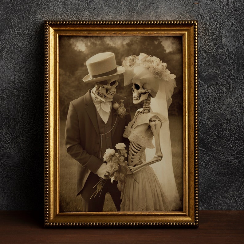 Romantic Skeleton Couple, Vintage photography, Art Poster Print, Dark Academia, Gothic Occult Poster, Witchcraft, Gothic Home Decor, Wedding image 1