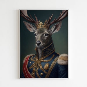 May include: A portrait of a deer wearing a gold crown and a blue and gold military uniform with a red sash. The deer has a serious expression and is looking directly at the viewer.