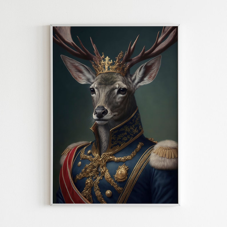May include: A portrait of a deer wearing a gold crown and a blue and gold military uniform with a red sash. The deer has a serious expression and is looking directly at the viewer.