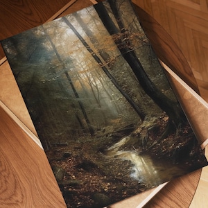May include: A framed print depicting a forest scene. The image shows tall trees with brown and green foliage, a small stream, and a misty atmosphere. The print is presented in a wooden frame, with a cardboard backing.
