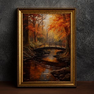 Herbst Wald Bach Brücke, Vintage Poster, Kunst Poster Druck, Dark Academia, klassische Malerei, Witchy Ästhetik, Cottagecore, Goblincore