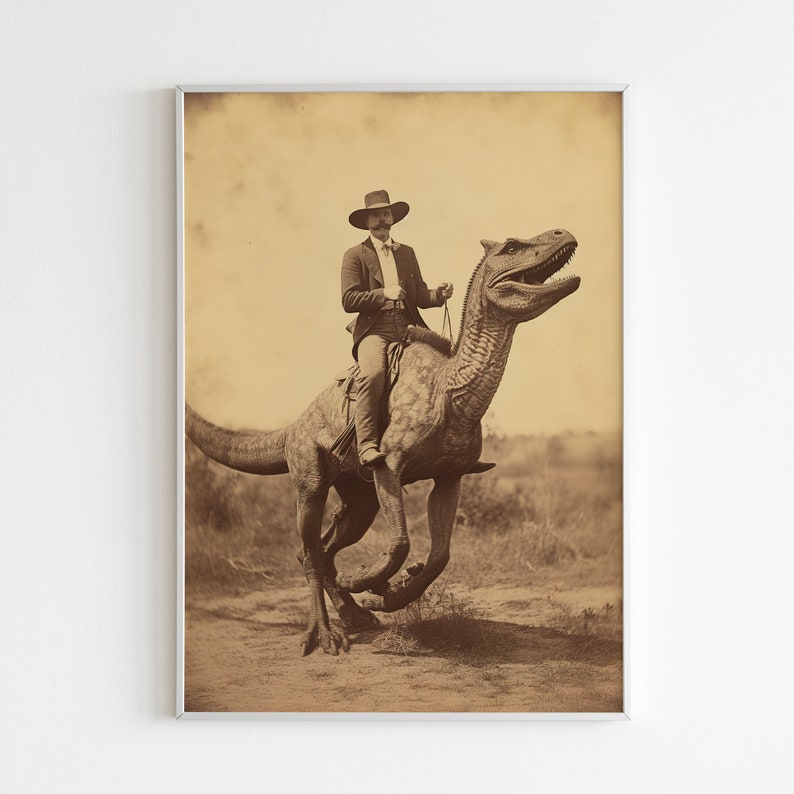 Dinosaur Cowboy, Vintage photography, Art Poster Print, Dark Academia, Gothic Occult Poster, Gothic Home Decor, Western Jurassic image 2