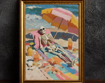 Skeleton Sunbathing Print: Whimsigoth Summerween Wall Art