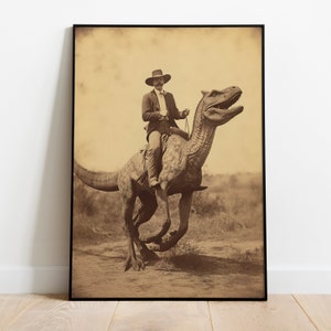 Dinosaur Cowboy, Vintage photography, Art Poster Print, Dark Academia, Gothic Occult Poster, Gothic Home Decor, Western Jurassic image 3