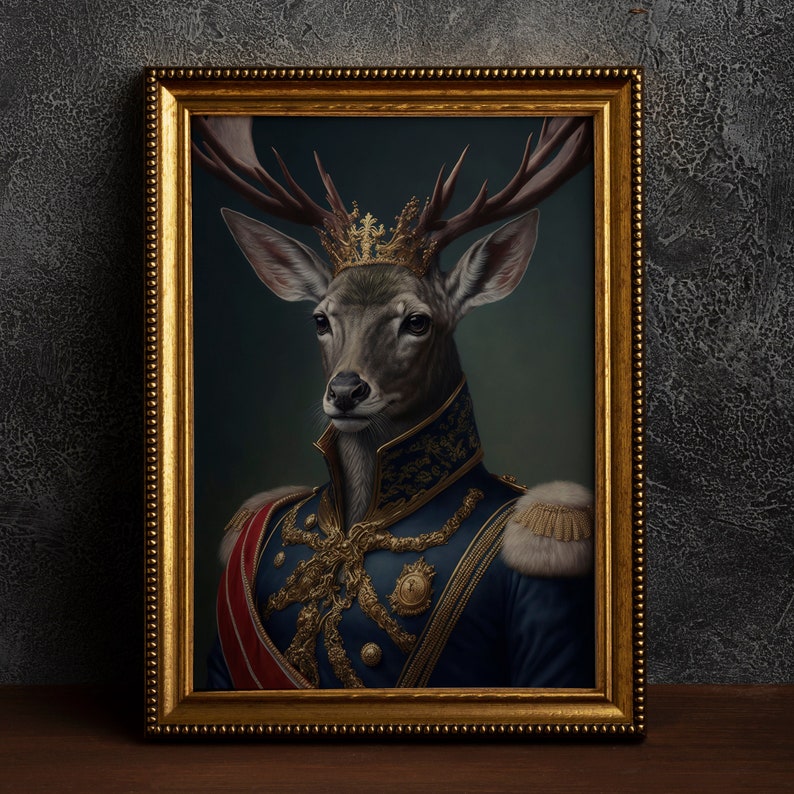 May include: A framed portrait of a deer wearing a gold crown and a blue and gold military uniform. The deer has a serious expression and is looking directly at the viewer.