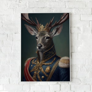 May include: A portrait of a deer wearing a gold crown and a blue and gold military uniform with a red sash. The deer has a serious expression and is looking directly at the viewer.
