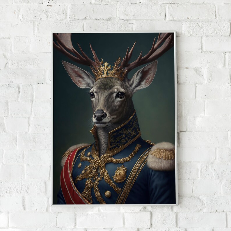 May include: A portrait of a deer wearing a gold crown and a blue and gold military uniform with a red sash. The deer has a serious expression and is looking directly at the viewer.