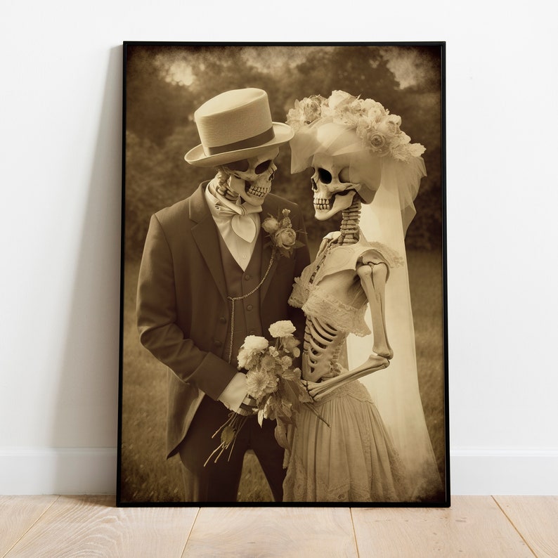 Romantic Skeleton Couple, Vintage photography, Art Poster Print, Dark Academia, Gothic Occult Poster, Witchcraft, Gothic Home Decor, Wedding image 3