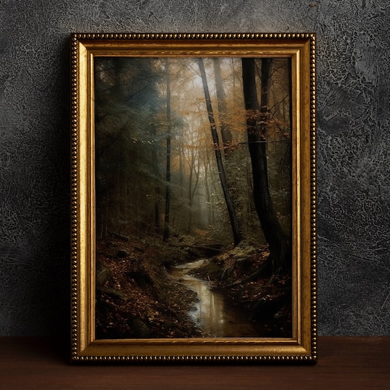 Moody Dark Autumn Forest Print, Foggy Woodland Wall Art, Gothic Academia Cottagecore Home Decor