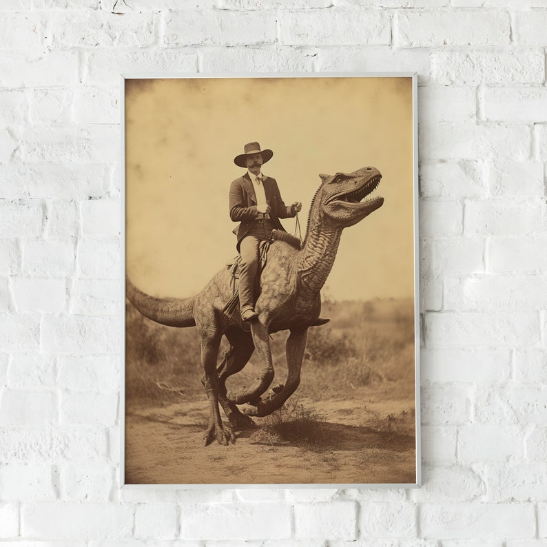 Dinosaur Cowboy, Vintage photography, Art Poster Print, Dark Academia, Gothic Occult Poster, Gothic Home Decor, Western Jurassic image 4