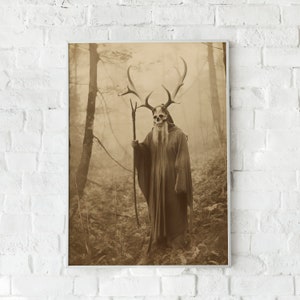 May include: Sepia-toned print of a figure in a forest, wearing a skull mask with antlers and a long robe, holding a staff. The image evokes a mystical or fantasy theme, with a vintage aesthetic. The background features trees and foliage.