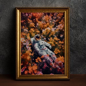 Astronauta en un campo de flores, póster de ciencia ficción, impresión de póster artístico, naturaleza gótica, hermoso arte moderno creativo.