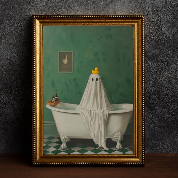 Victorian Ghost in Bathroom, Vintage Poster, Art Poster Print, Dark Academia, Gothic Home Decor, Witch Art, Cottagecore, Bathroom Decor