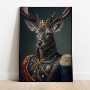 May include: A deer wearing a gold crown and a blue and gold military uniform with a red sash. The deer has a serious expression and is looking directly at the viewer.