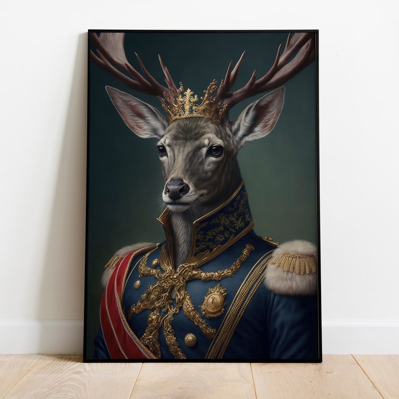 May include: A deer wearing a gold crown and a blue and gold military uniform with a red sash. The deer has a serious expression and is looking directly at the viewer.