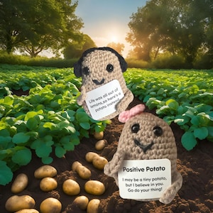 May include: Two crocheted potato figures with smiling faces and holding signs with text. One sign reads "Life was all out of lemons, so here's a potato instead." The other says "Positive Potato...Go do your thing!" Potatoes are scattered in the foreground.