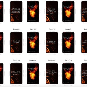 May include: A collection of oracle cards with a black background and a burning heart graphic. Each card features a different phrase in white text, such as "I regret what I did to you" and "I want to reach out but don't know how."