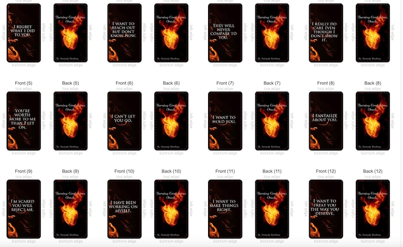May include: A collection of oracle cards with a black background and a burning heart graphic. Each card features a different phrase in white text, such as "I regret what I did to you" and "I want to reach out but don't know how."