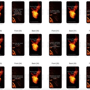 May include: A collection of oracle cards with a black background and a burning heart design. Each card features text, such as "I've been manifesting you" and "I'm ready to take my mask off."