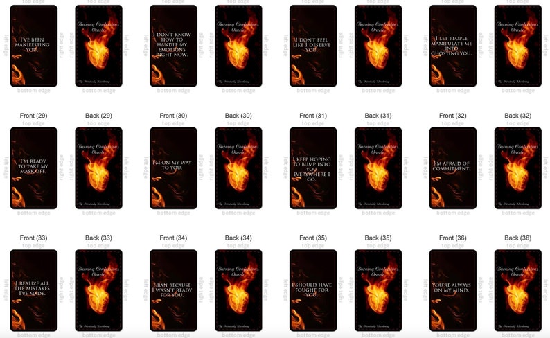 May include: A collection of oracle cards with a black background and a burning heart design. Each card features text, such as "I've been manifesting you" and "I'm ready to take my mask off."