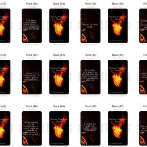 May include: A collection of oracle cards with black backgrounds. Each card features text and a stylized image of a burning heart. The cards have phrases like "I wish you were here with me" and "I want to kiss you."