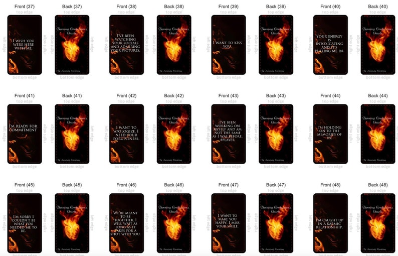 May include: A collection of oracle cards with black backgrounds. Each card features text and a stylized image of a burning heart. The cards have phrases like "I wish you were here with me" and "I want to kiss you."