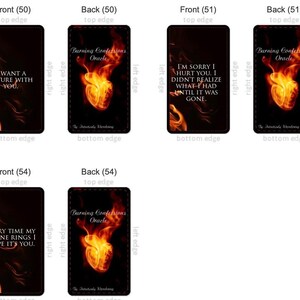 May include: A collection of oracle cards with black backgrounds. Each card features text and a fiery heart design. The front of the cards display phrases like "I need to work on myself" and "I want a future with you."