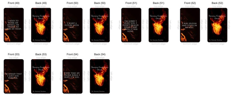 May include: A collection of oracle cards with black backgrounds. Each card features text and a fiery heart design. The front of the cards display phrases like "I need to work on myself" and "I want a future with you."