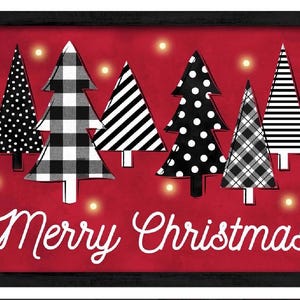 May include: A framed Christmas-themed artwork featuring stylized black and white Christmas trees on a red background. The trees have various patterns, including polka dots, plaid, and stripes. The words "Merry Christmas" are written in white script.