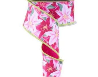 2.5" x 10yd Lily Wired Ribbon – Pink Green Yellow Floral Print, Fused Edge Spring Ribbon for Wreaths, Bows, Gift Wrapping & DIY Decor