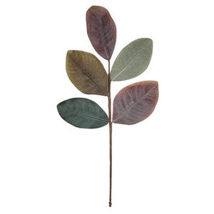 May include: A single artificial botanical stem featuring five oval-shaped leaves with visible veins. The leaves display a gradient of colors including deep burgundy, muted olive green, and dark forest green, attached to a thin brown central stalk.