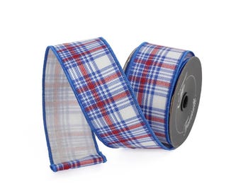 Cinta alambrada a cuadros patrióticos de 6,35 cm x 9,14 metros (2,5 pulgadas x 10 yardas) – Cinta Farrisilk roja, blanca y azul, decoración para el 4 de julio, suministros para la elaboración de coronas.