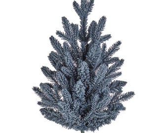 May include: A blue-green artificial Christmas tree branch with a frosted appearance. The tree has a central stem and multiple branches covered in faux snow, creating a wintery aesthetic. Perfect for holiday decor.