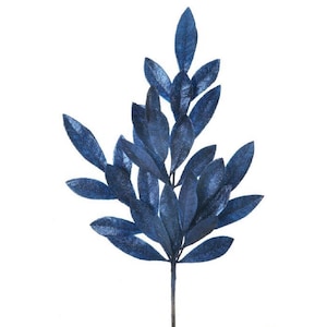 May include: A single stem of artificial leaves in a deep blue color. The leaves are elongated and have a textured, glittery appearance. The stem is a dark brown color.