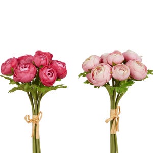 May include: Two bouquets of artificial ranunculus flowers. One bouquet features deep pink blooms, while the other showcases soft pink flowers. Both bouquets have green stems tied with raffia, perfect for home decor or crafting.