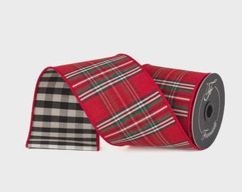 Farrisilk Red Plaid Christmas Ribbon – 4" x 10 Yards Wired, Buffalo Check Back, Traditional Holiday Wreaths, Bows, Farmhouse Decor