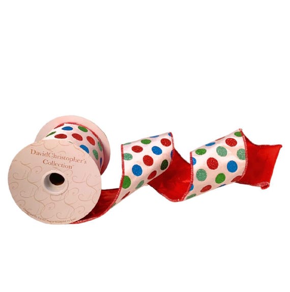 White Velvet Multi-Color Dot Ribbon – 4” x 10 Yards – Whimsical Holiday Ribbon, Polka Dot Christmas Ribbon, Wired Velvet Ribbon, Rainbow Dot