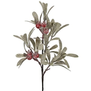 May include: A decorative artificial plant stem featuring dusty green leaves and clusters of red berries. The stem is a dark brown color, and the leaves have a frosted appearance, suggesting a winter or holiday theme.